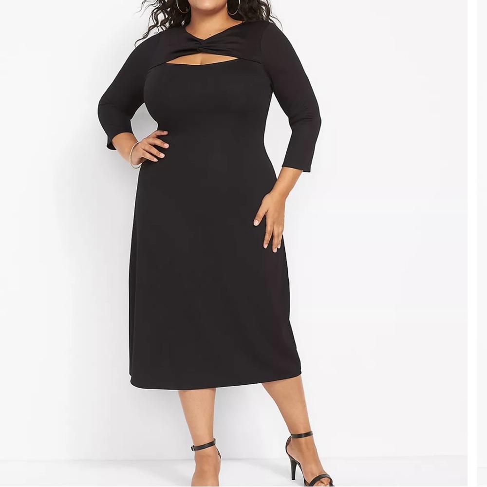 Lane Bryant black bodycon midi dress. Twisted neck with open yoke. Size 1X